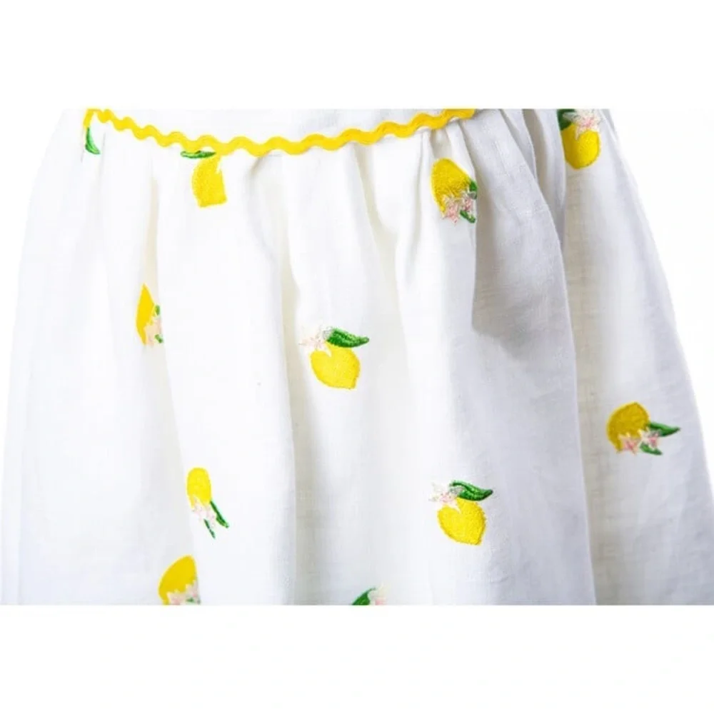 Sorci and Fofa Girls 6 Embroidered Lemon Flutter Sleeve Ric-Rac Linen Dress‎ - Picture 2 of 16